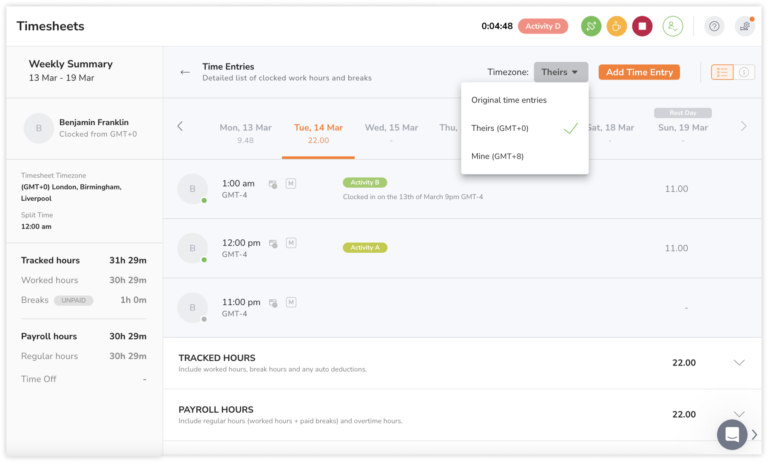 Timezone viewing selector for member's timezone