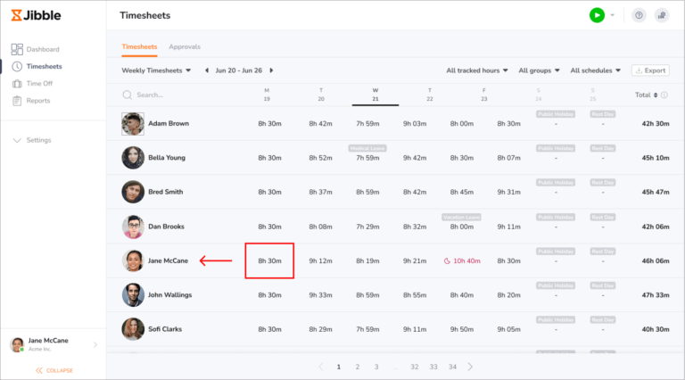 Clicking on a member's time for a particular day on timesheets