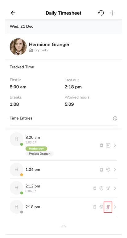 Offline conflict time entry indicator on timesheets