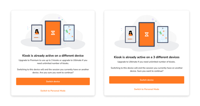 Warning blocker when operating kiosks on multiple devices at a given time