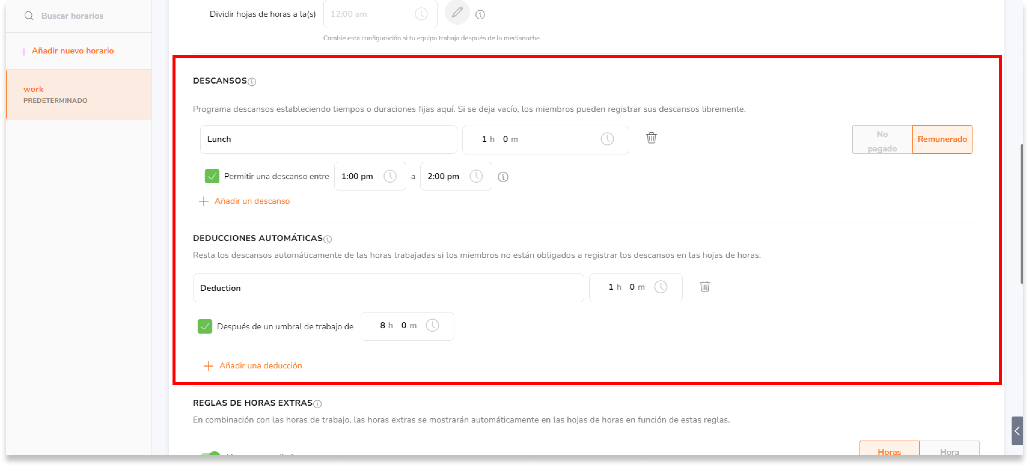 Una vez que hayas configurado tu horario de trabajo y las horas de trabajo, puedes proceder a configurar los descansos y las deducciones automáticas.