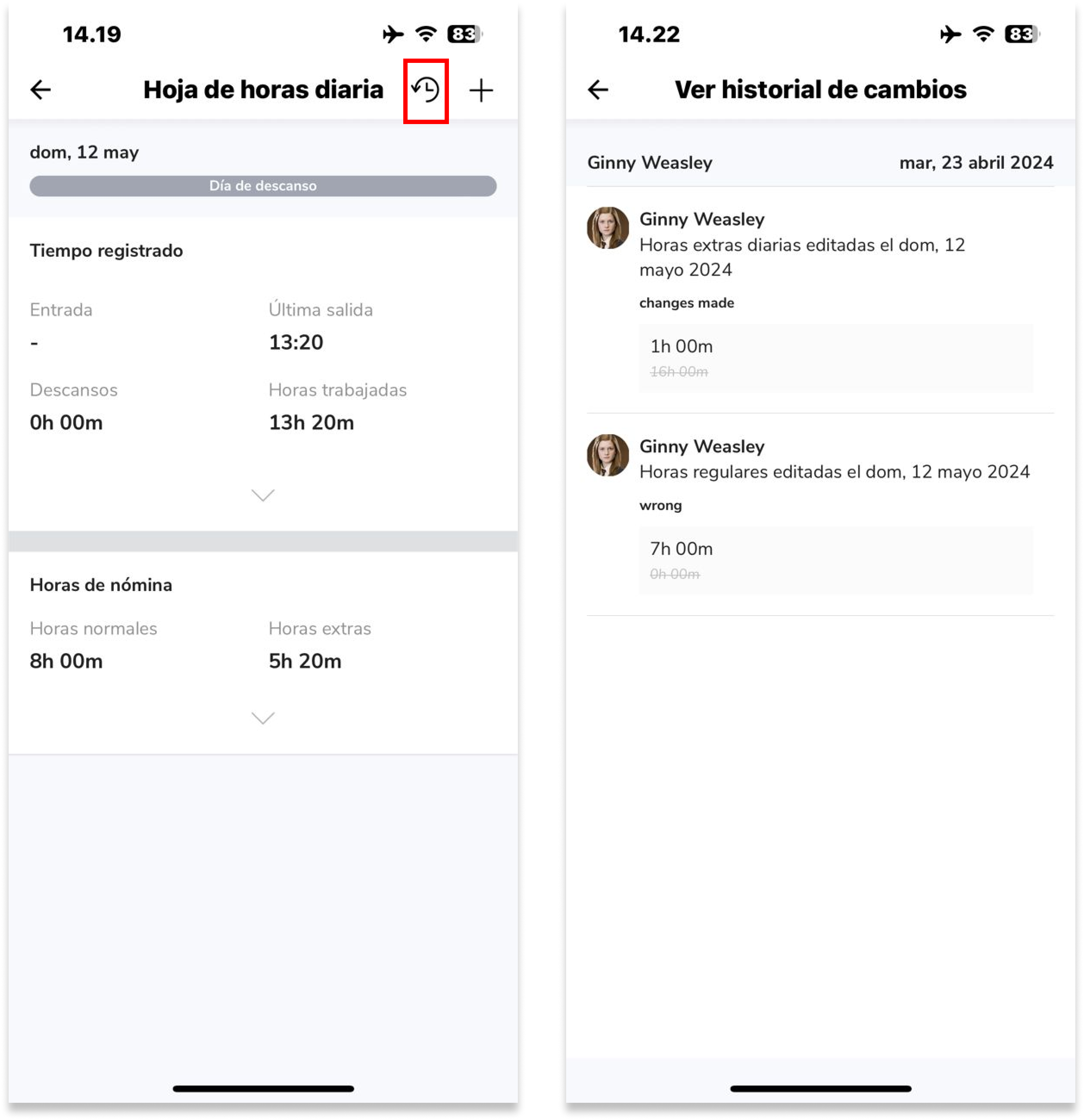 Pulsa en el icono del reloj invertido en la esquina superior derecha para acceder al registro del historial de cambios.