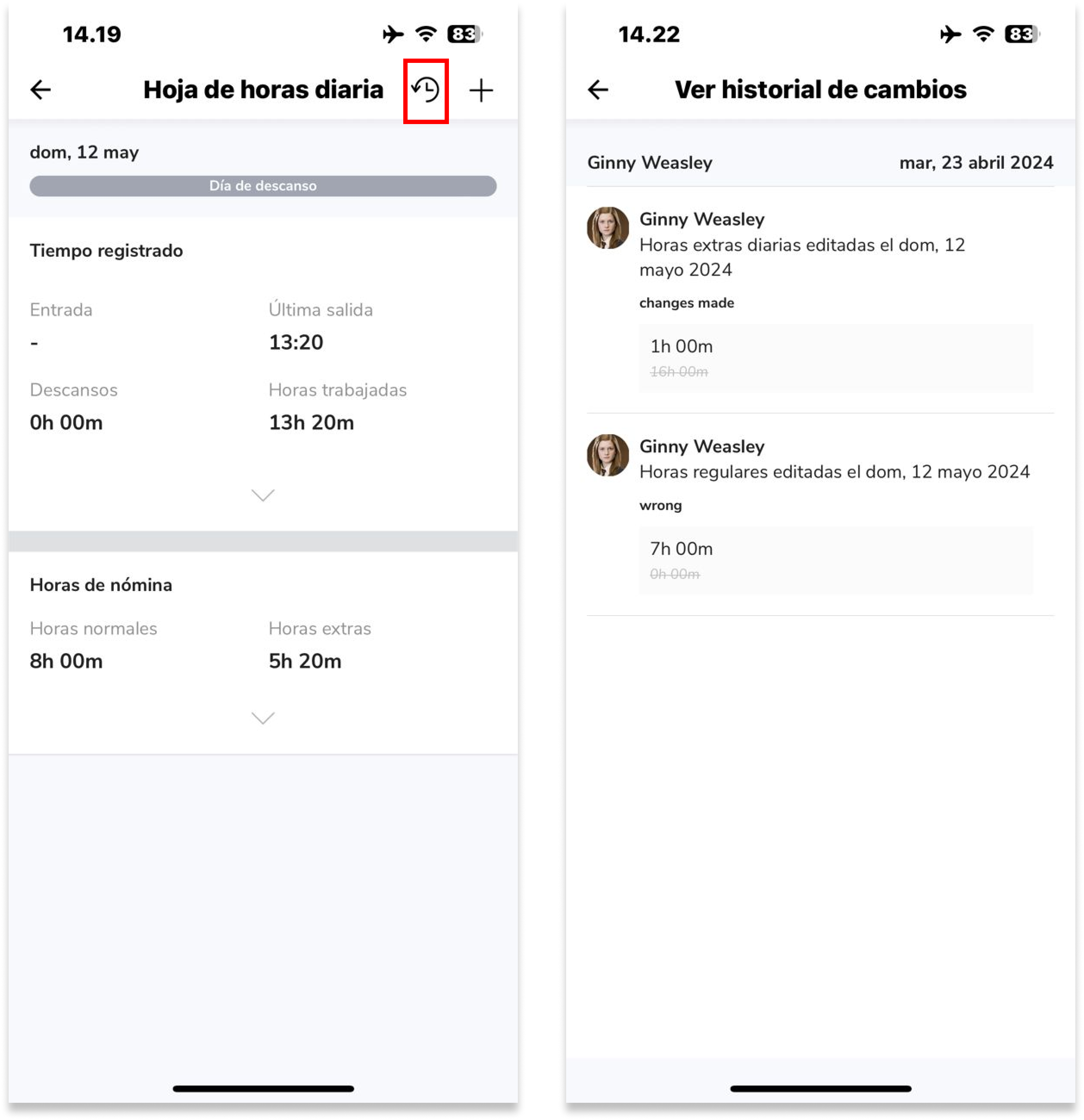 Pulsa en el icono del reloj invertido en la esquina superior derecha para acceder al registro del historial de cambios.