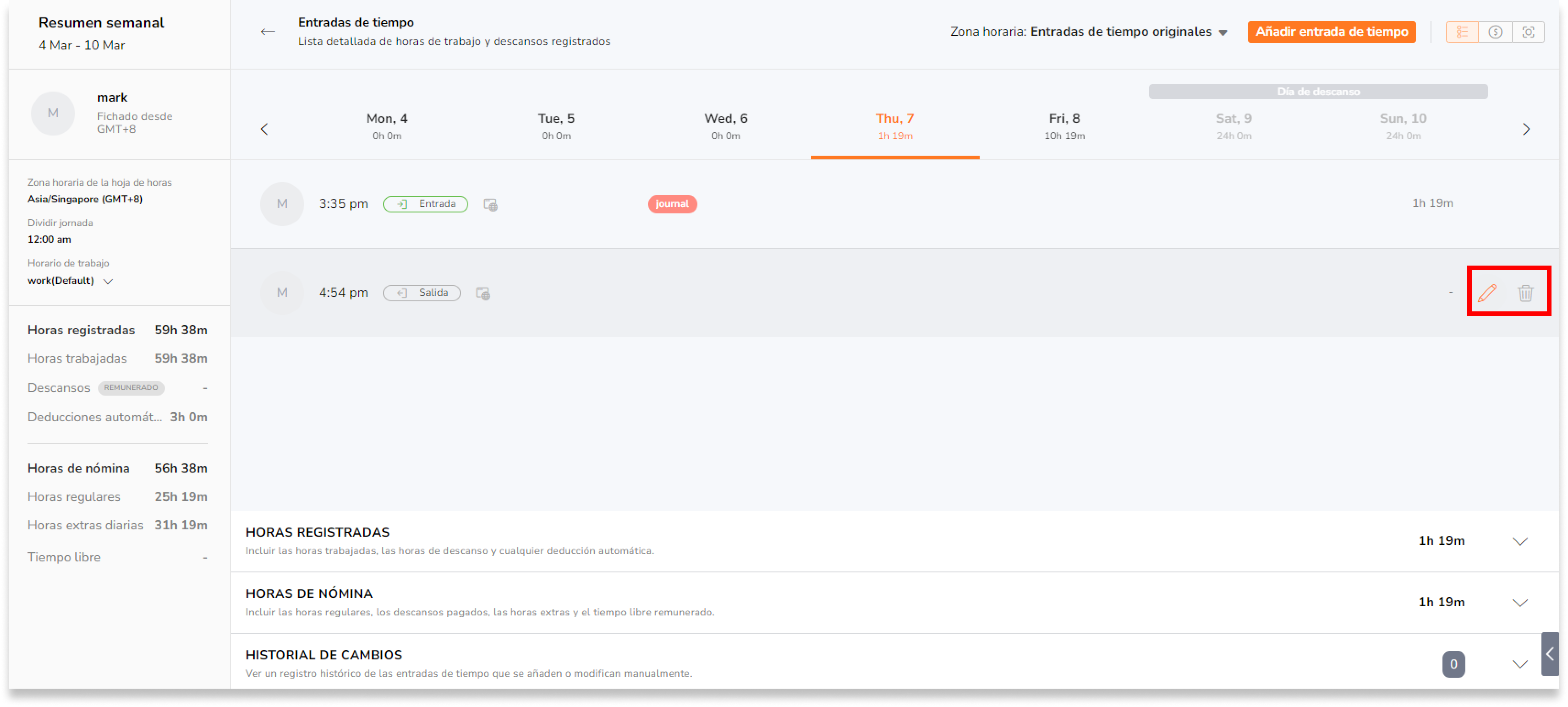 Pasos para eliminar una entrada de tiempo