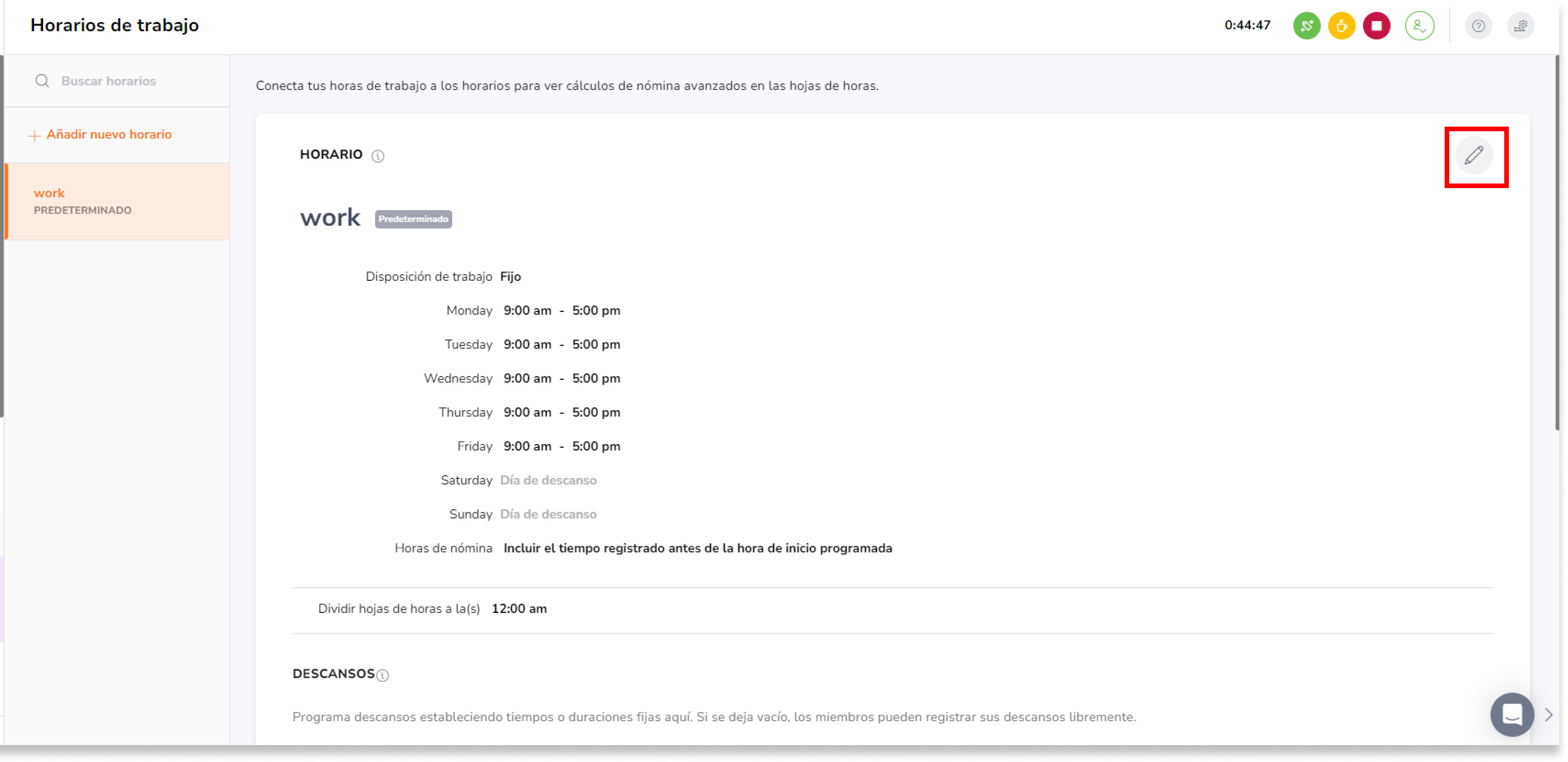 Haz clic en el icono del lápiz para acceder a la configuración del horario de trabajo y busca la sección "Reglas de horas extras".Haz clic en el icono del lápiz para acceder a la configuración del horario de trabajo y busca la sección "Reglas de horas extras".