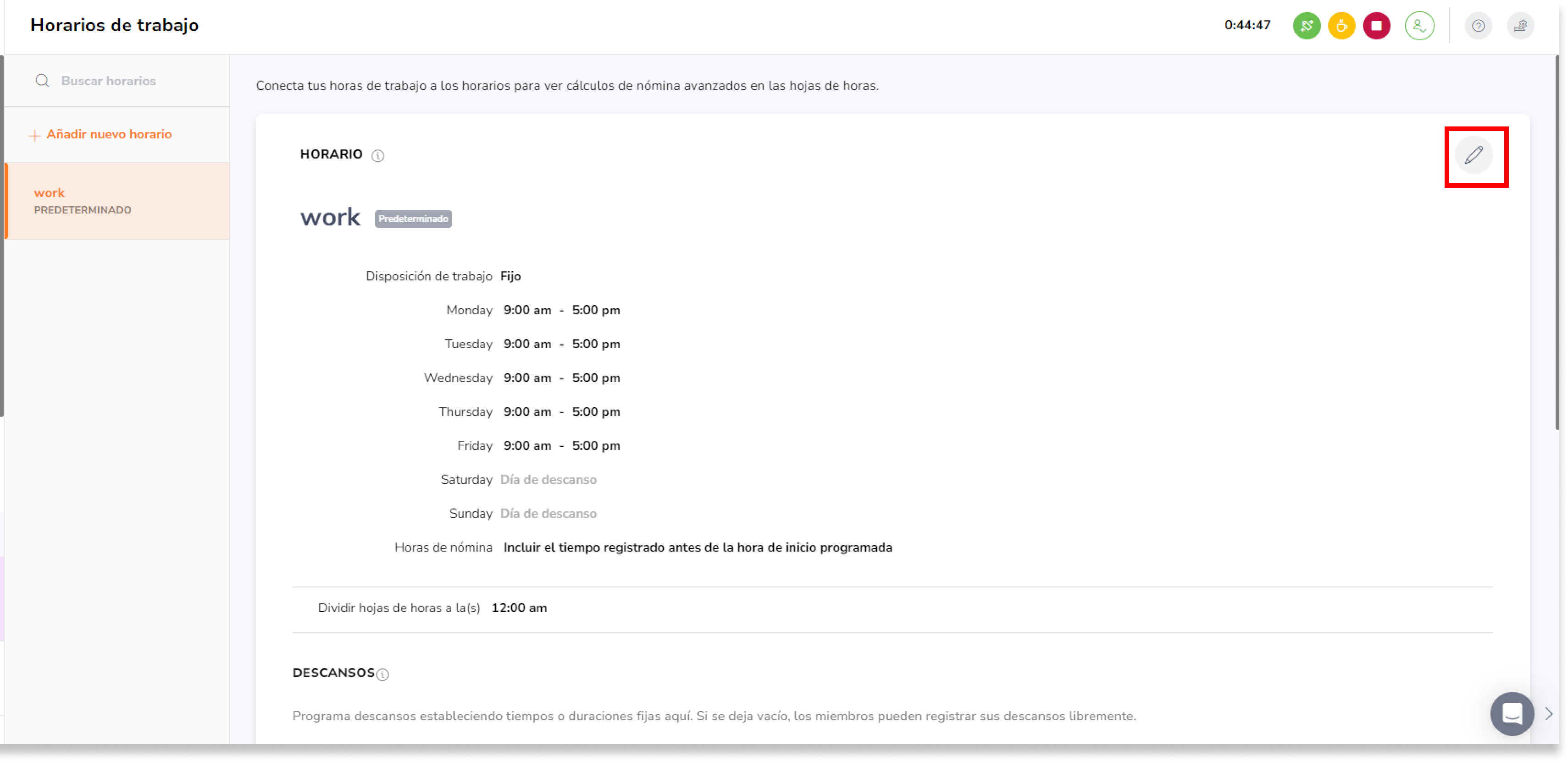 Haz clic en el icono del lápiz para acceder a la configuración del horario de trabajo y busca la sección "Reglas de horas extras".Haz clic en el icono del lápiz para acceder a la configuración del horario de trabajo y busca la sección "Reglas de horas extras".