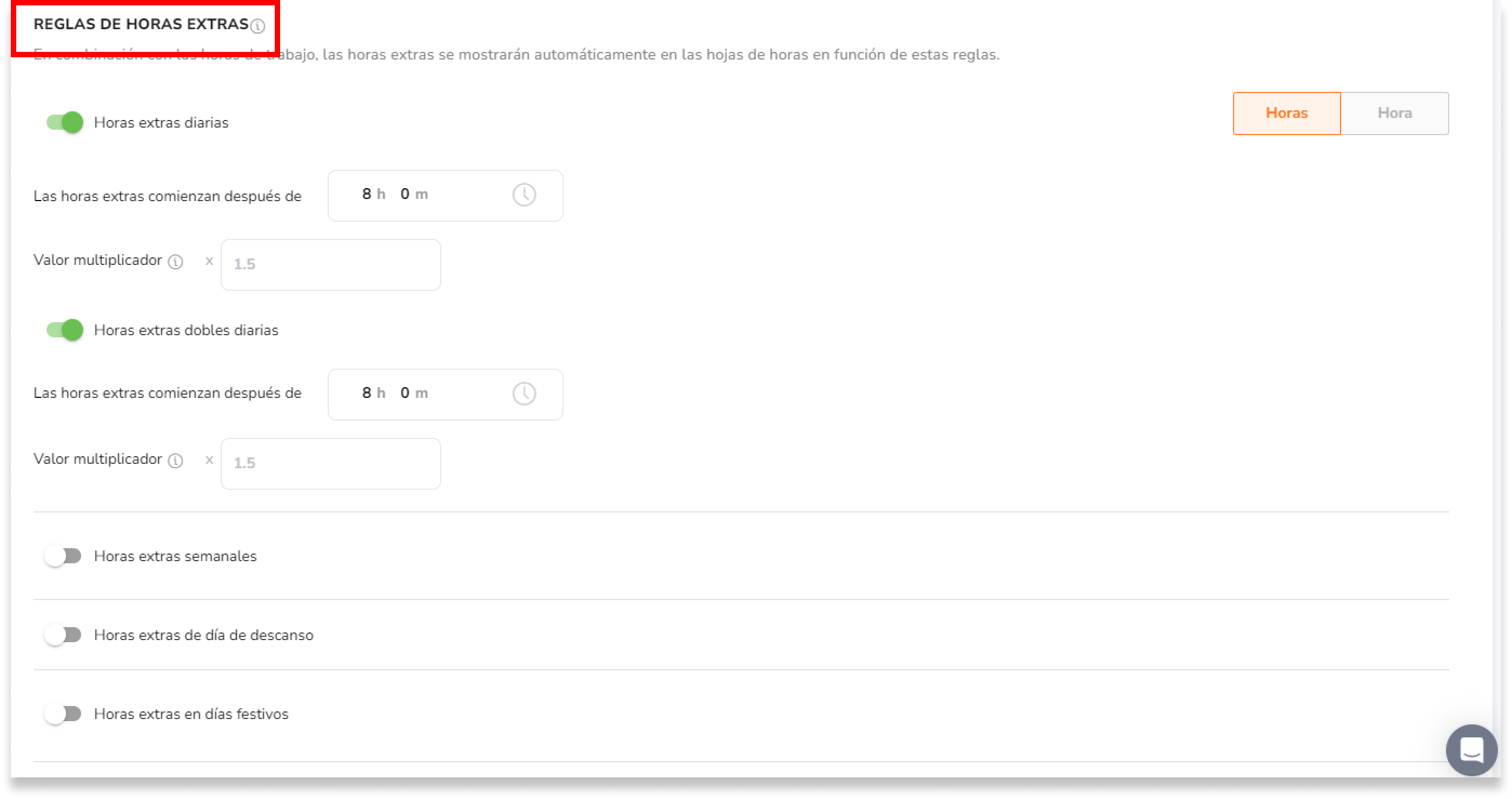 En la configuración de las reglas de horas extras, encontrará opciones para activar diferentes tipos de horas extras y definir umbrales y tasas multiplicadoras para cada una.