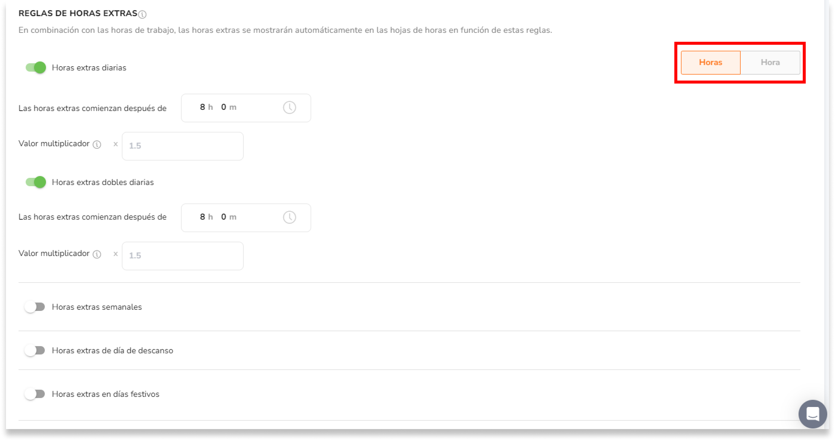 Elige si las horas extras comienzan después de una hora específica o después de un número designado de horas..