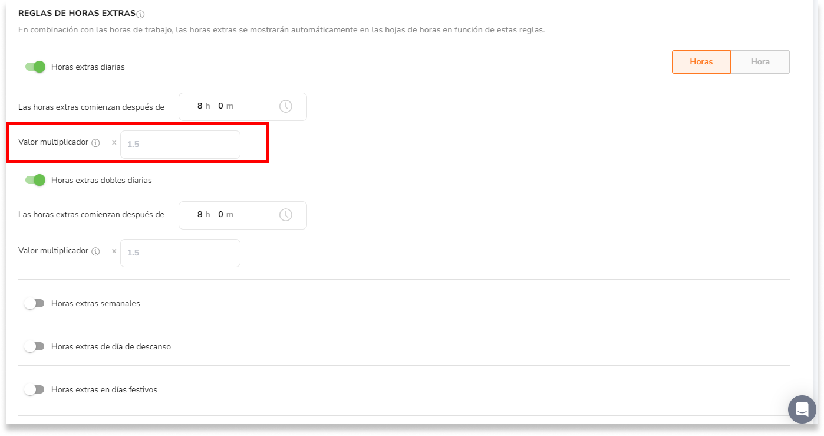 Introduce los valores del multiplicador para cada regla de horas extras. Este valor se utilizará para calcular el pago de las horas extras y se aplicará a las horas trabajadas por encima del umbral establecido.
