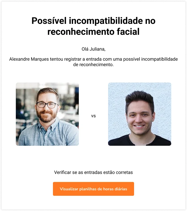 Visão geral de notificações por e-mail recebidas para incompatibilidade no reconhecimento facial