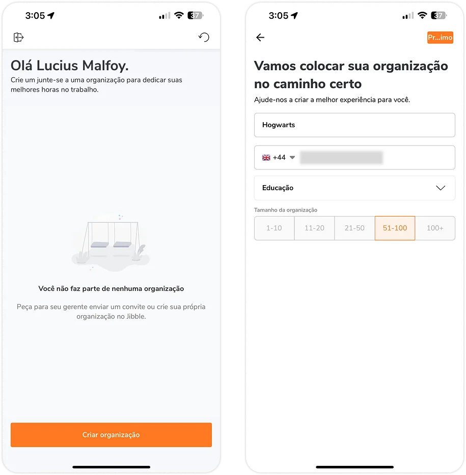 Creating a new organization via mobile app
