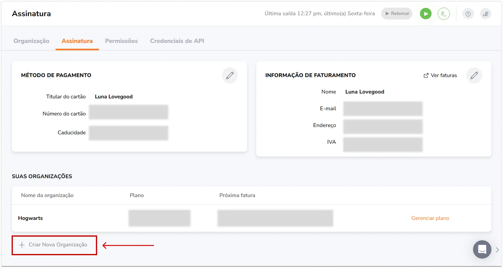 Create new organization button under Subscription tab for owners
