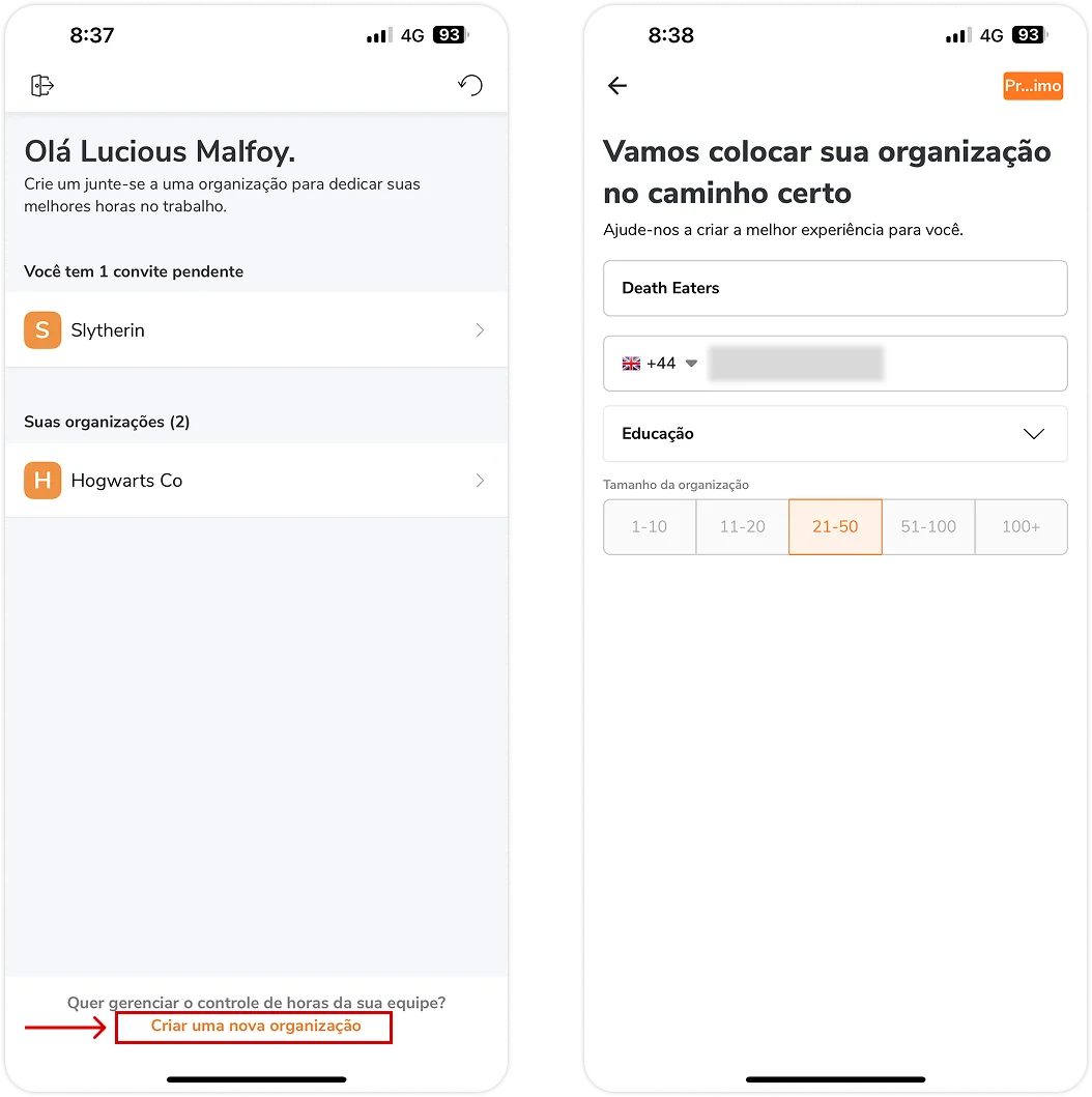 Create new organization through the user page via mobile app
