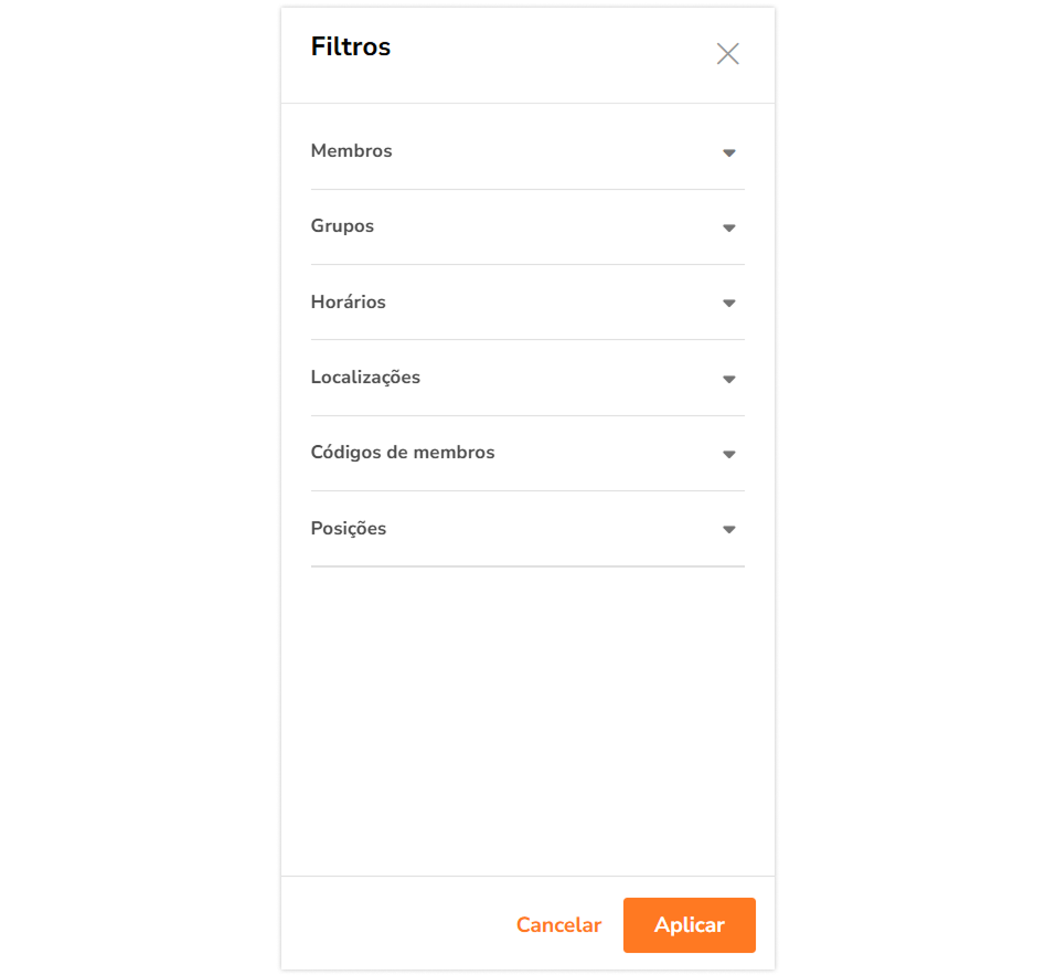 Barra lateral de filtros para a localização em tempo real no aplicativo web