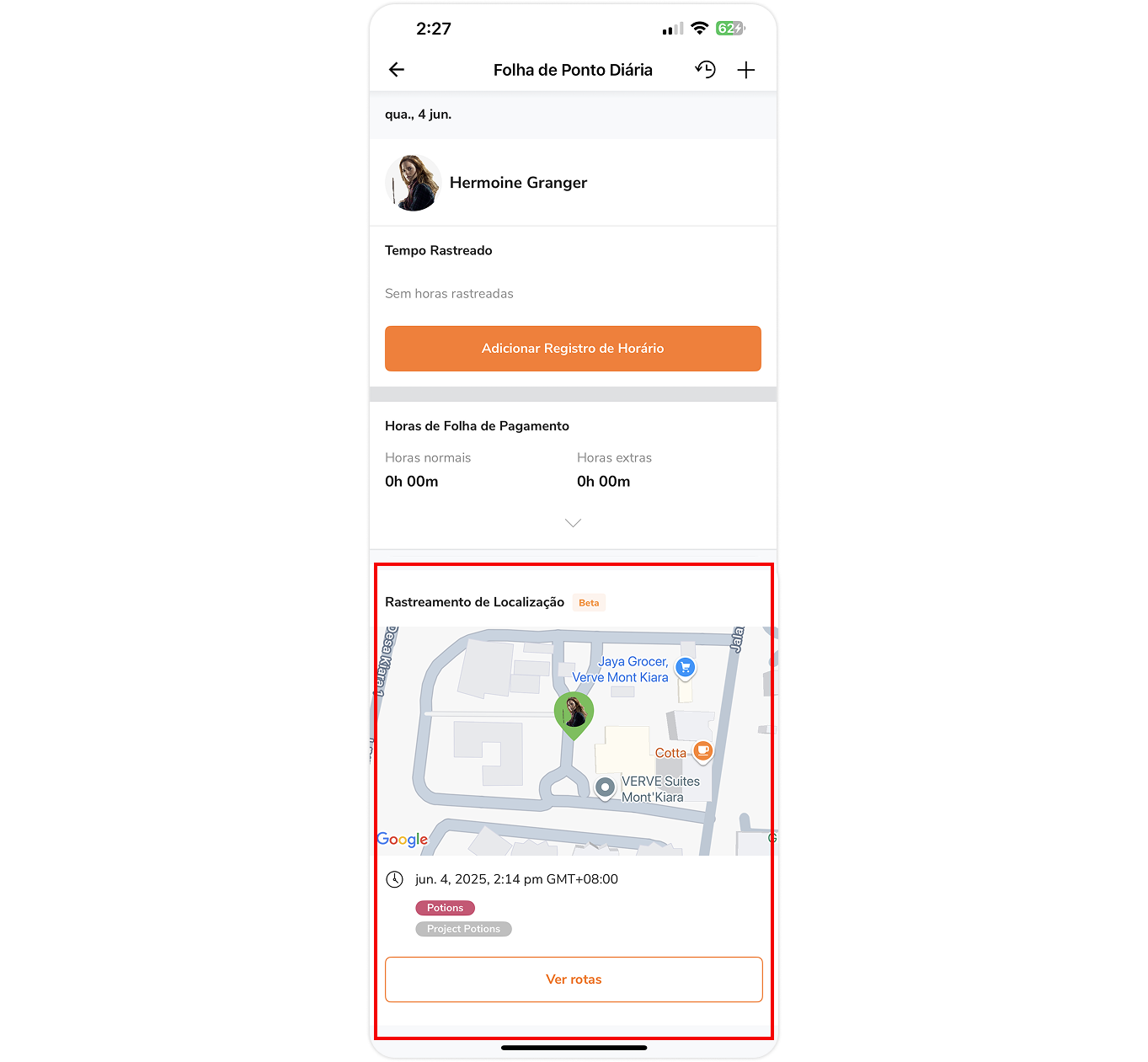 Na sua Folha de Ponto Diária, na seção de Rastreamento de Localização, você verá a localização atual da sua equipe e os detalhes das entradas de tempo