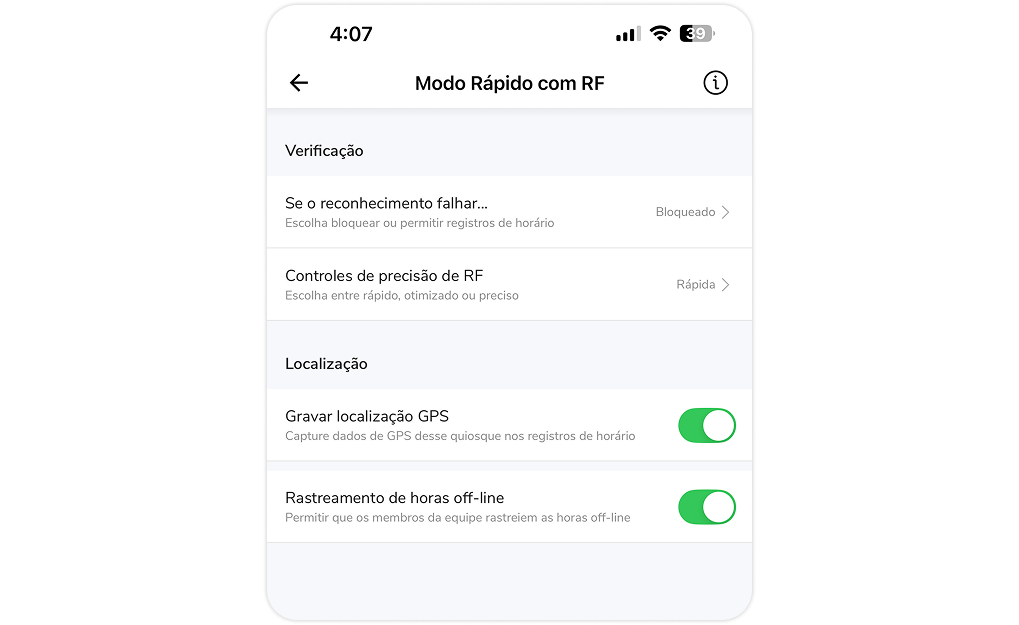 Configurações do modo rápido com reconhecimento facial no quisoque