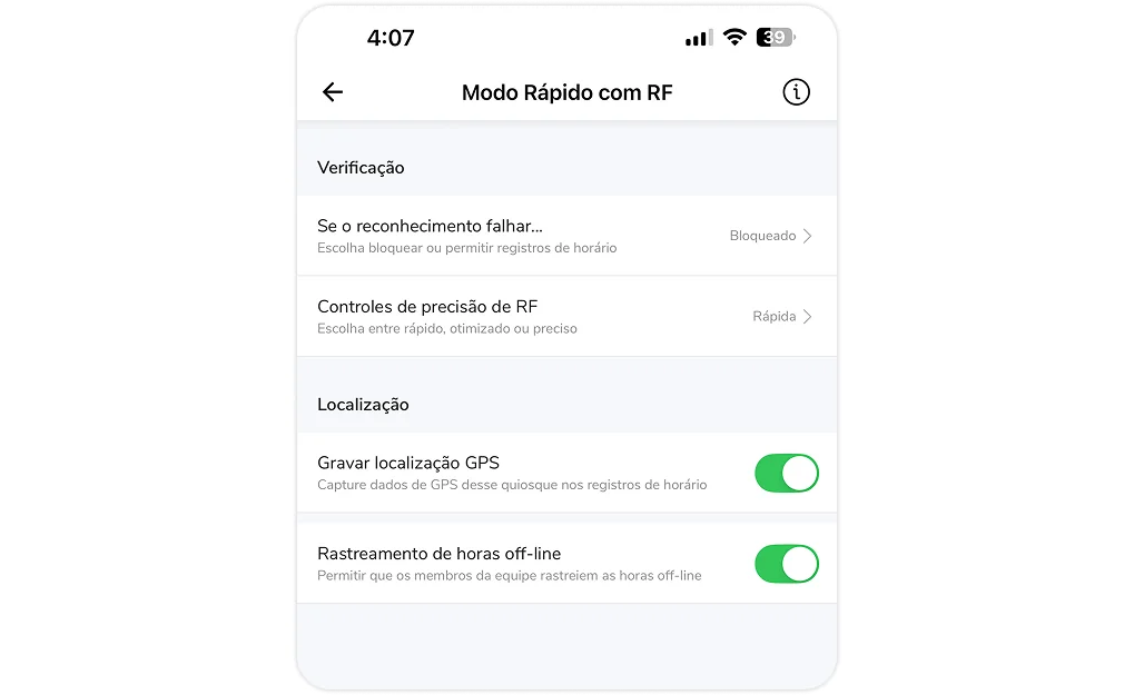 Configurações do modo rápido com reconhecimento facial no quisoque
