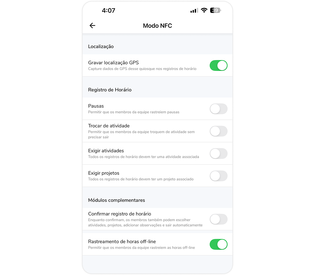 Configurações do modo NFC do quiosque