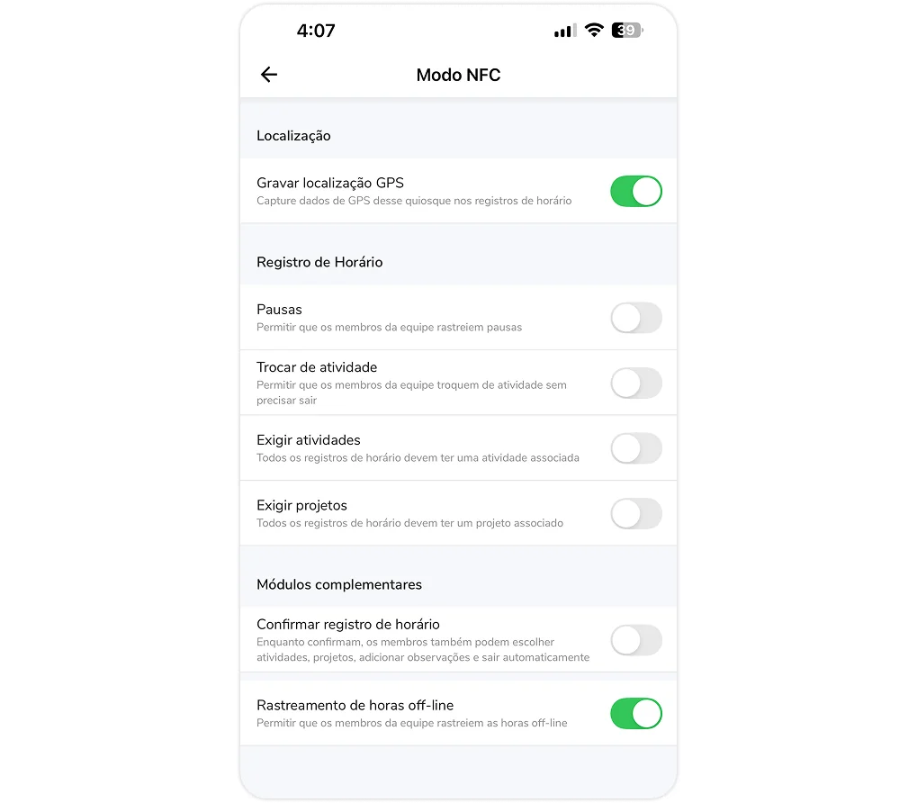 Configurações do modo NFC do quiosque