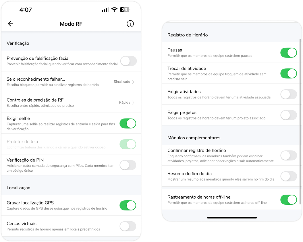 Configurações do quiosque de modo de reconhecimento facial