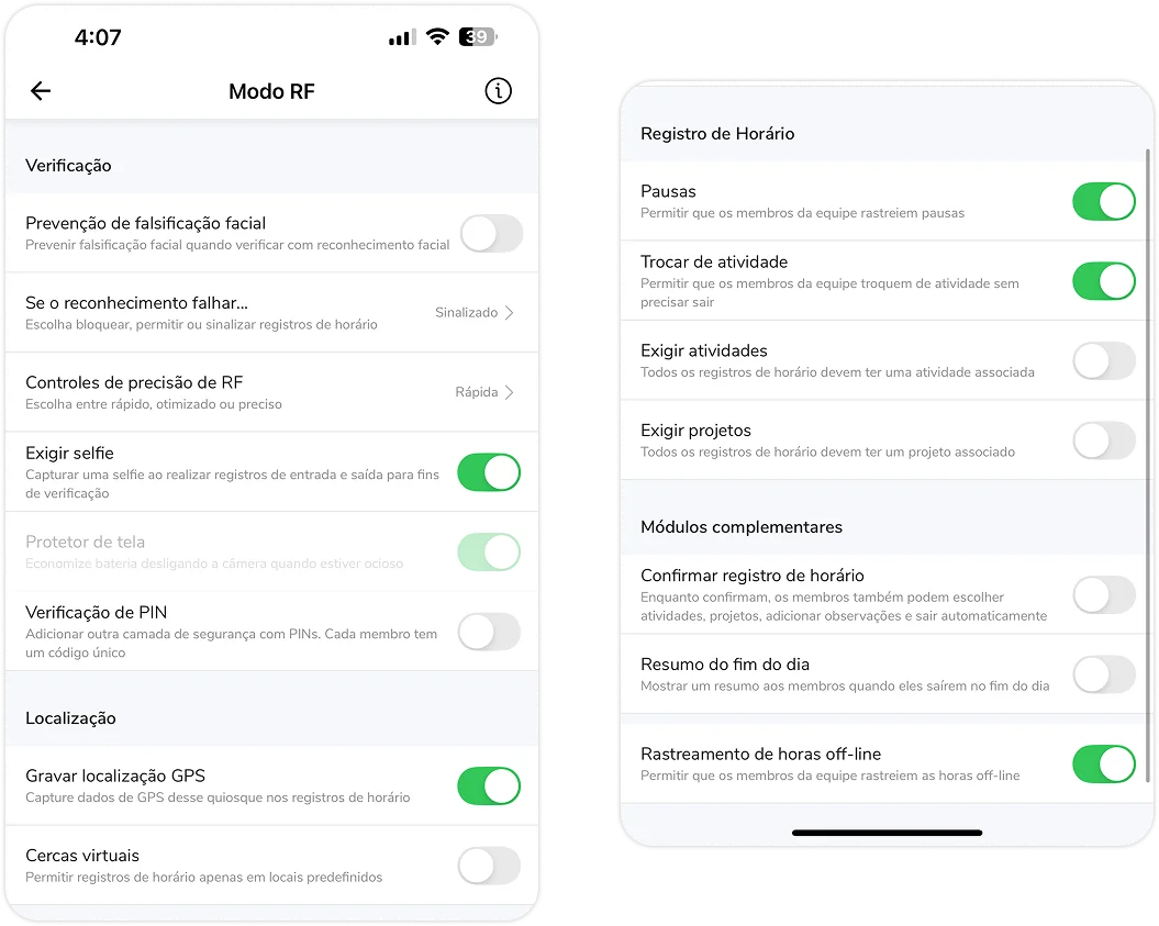 Configurações do quiosque de modo de reconhecimento facial