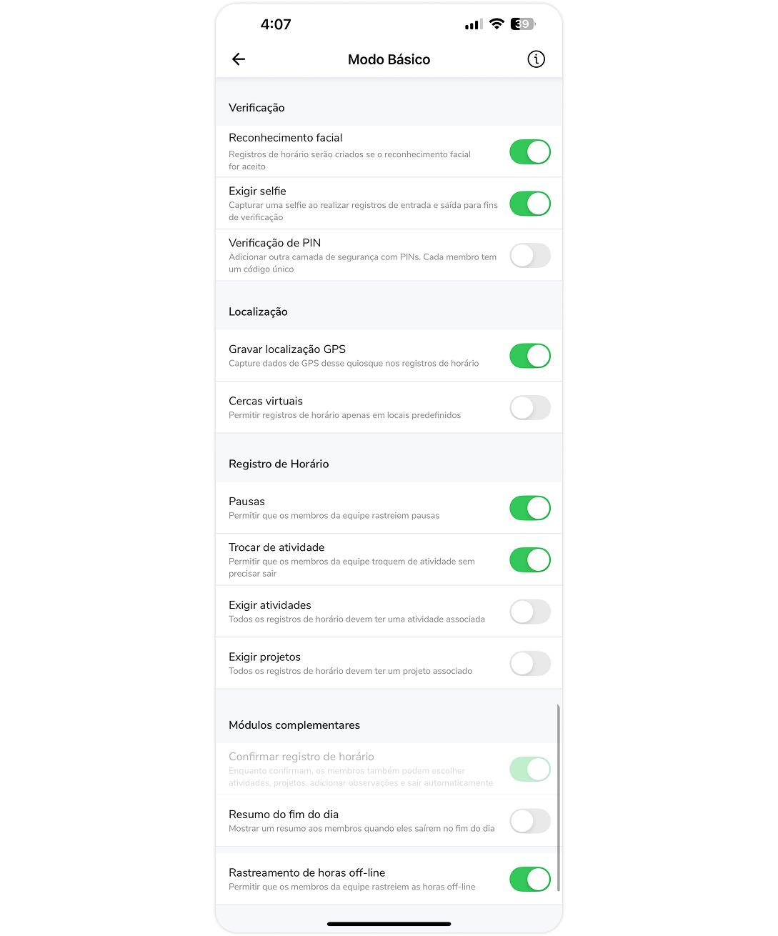 Configurações para modo básico do quiosque