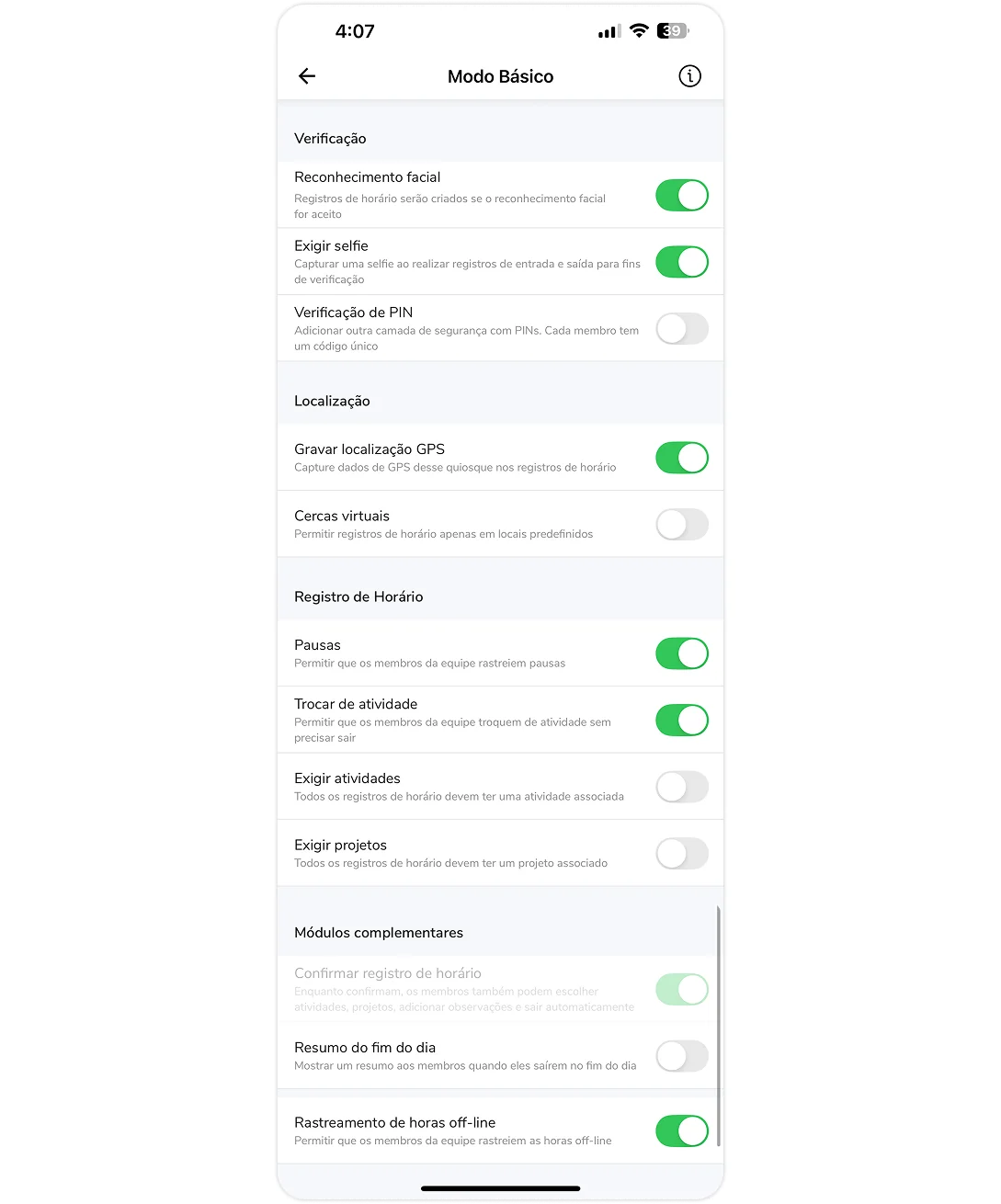 Configurações para modo básico do quiosque