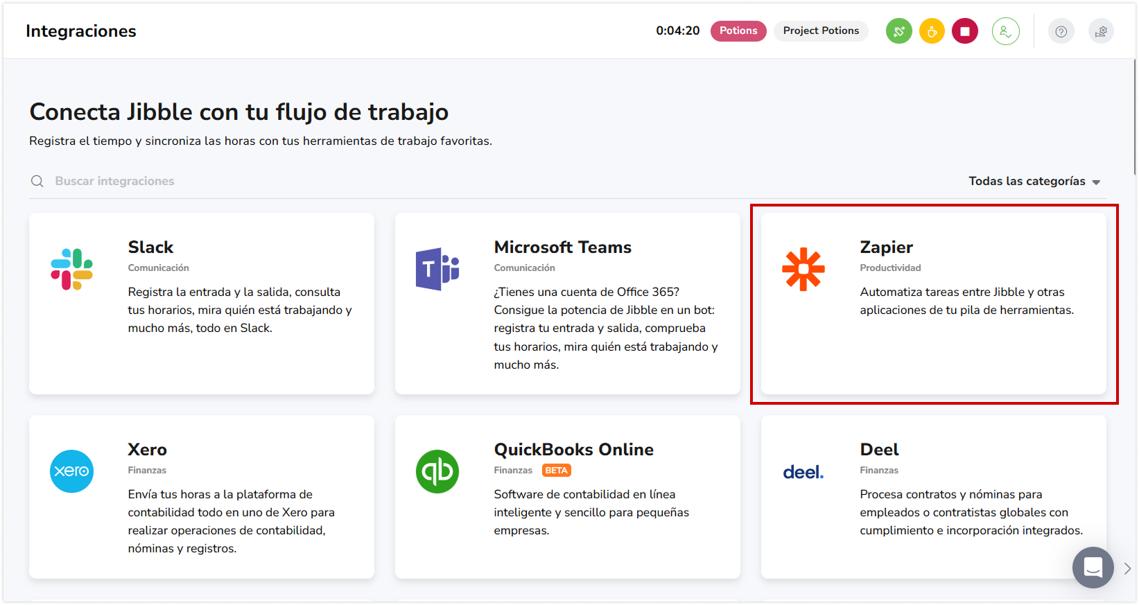 Zapier in the list of available integrations