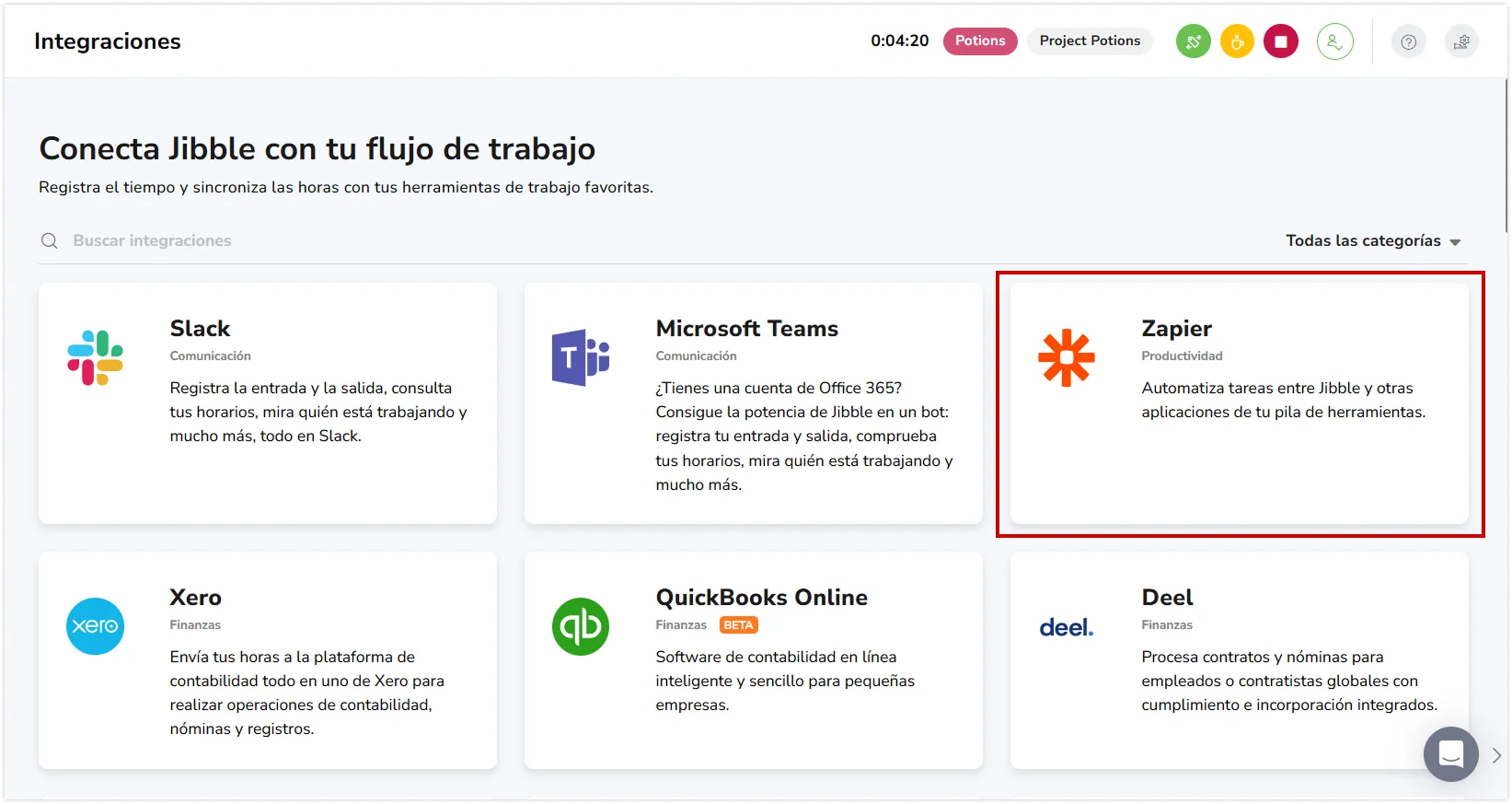 Zapier in the list of available integrations