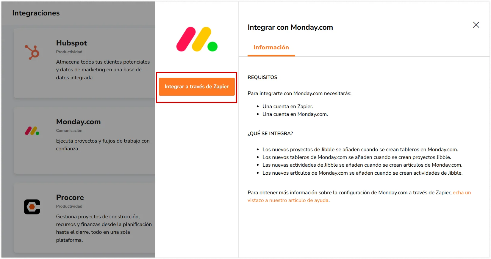 Integrate via Zapier button under Monday.com integration