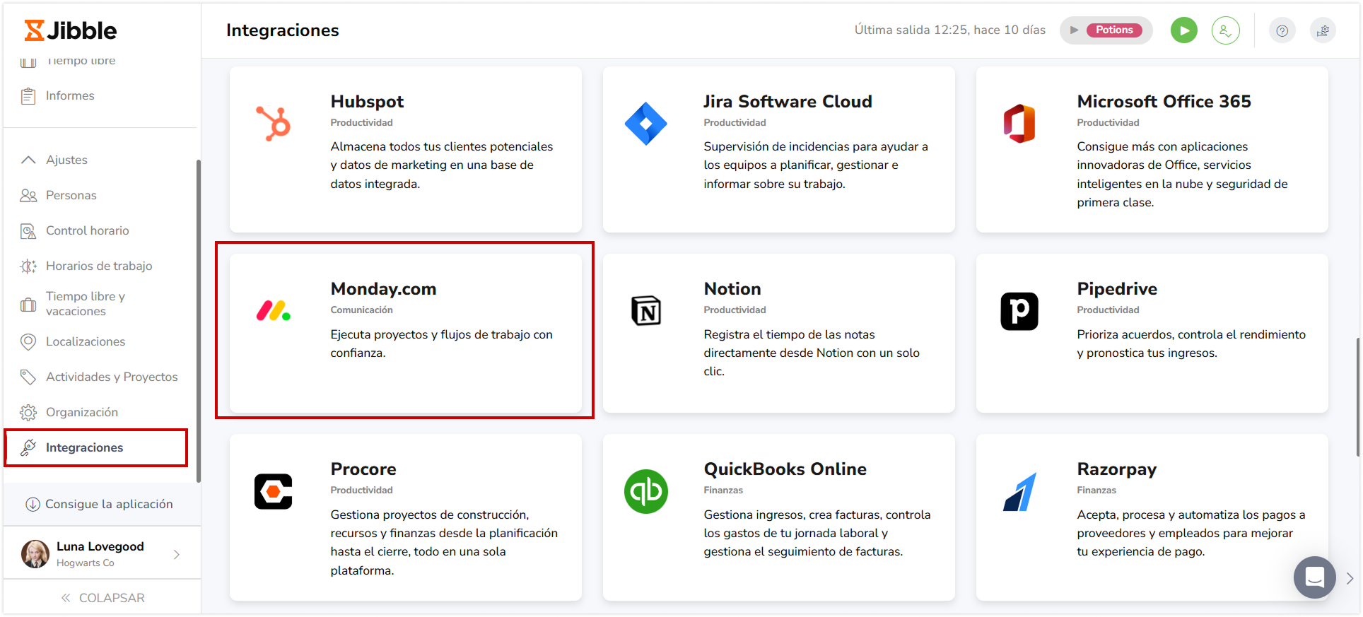 Monday.com under the list of available integratins