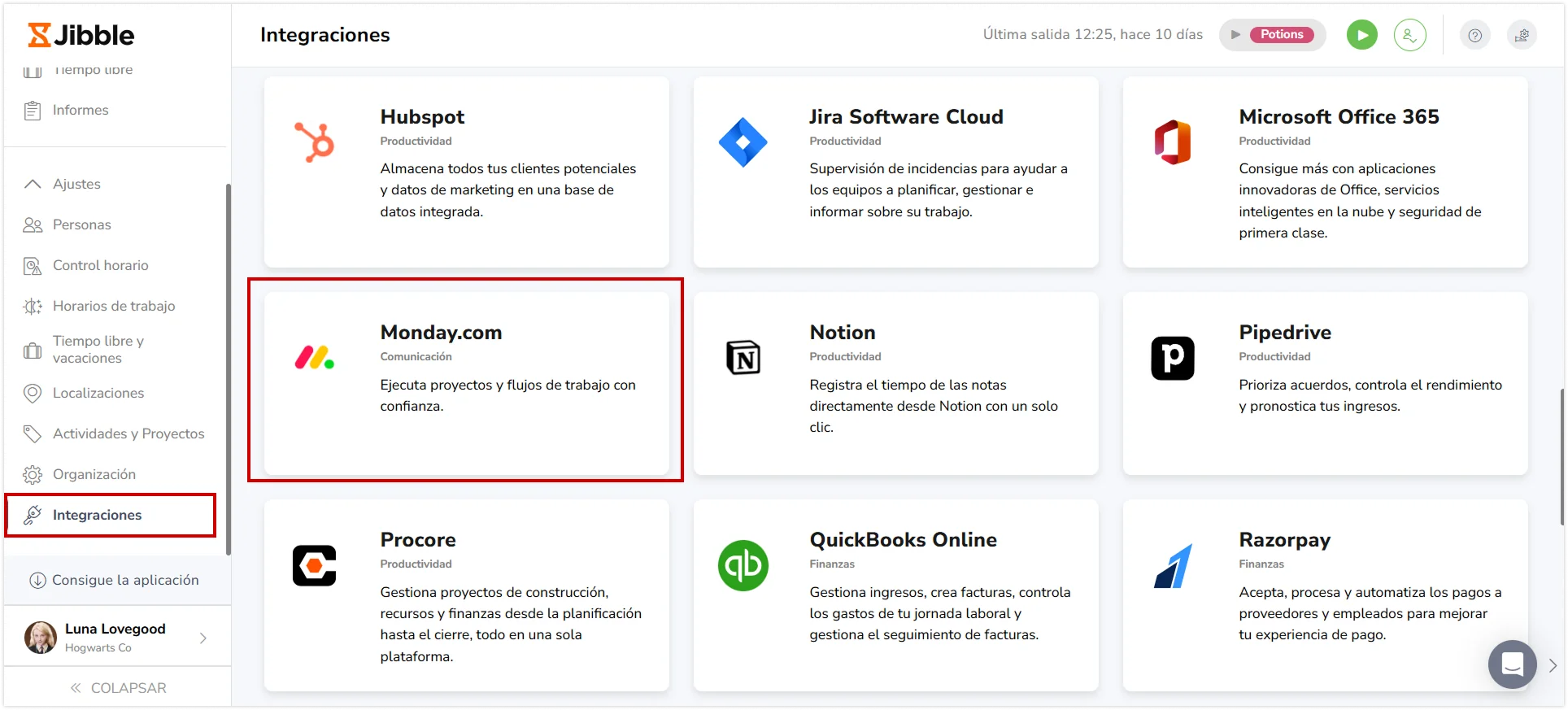 Monday.com under the list of available integratins
