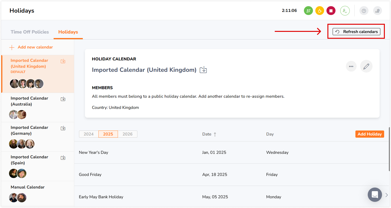 Tombol refresh kalender untuk menyegarkan semua kalender yang diimpor sekaligus