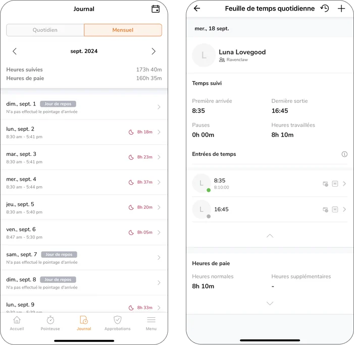 Monthly and daily view for timesheets on mobile app