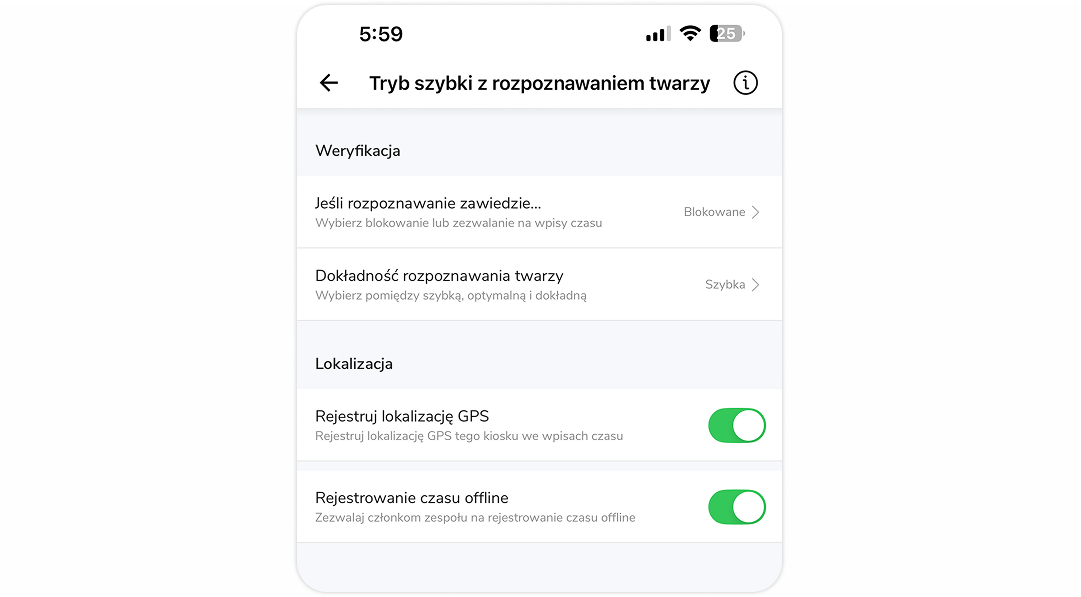 Zarządzanie ustawieniami kiosku w trybie szybkiego rozpoznawania twarzy.