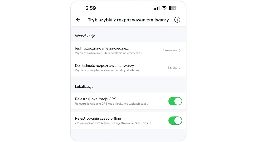 Zarządzanie ustawieniami kiosku w trybie szybkiego rozpoznawania twarzy.