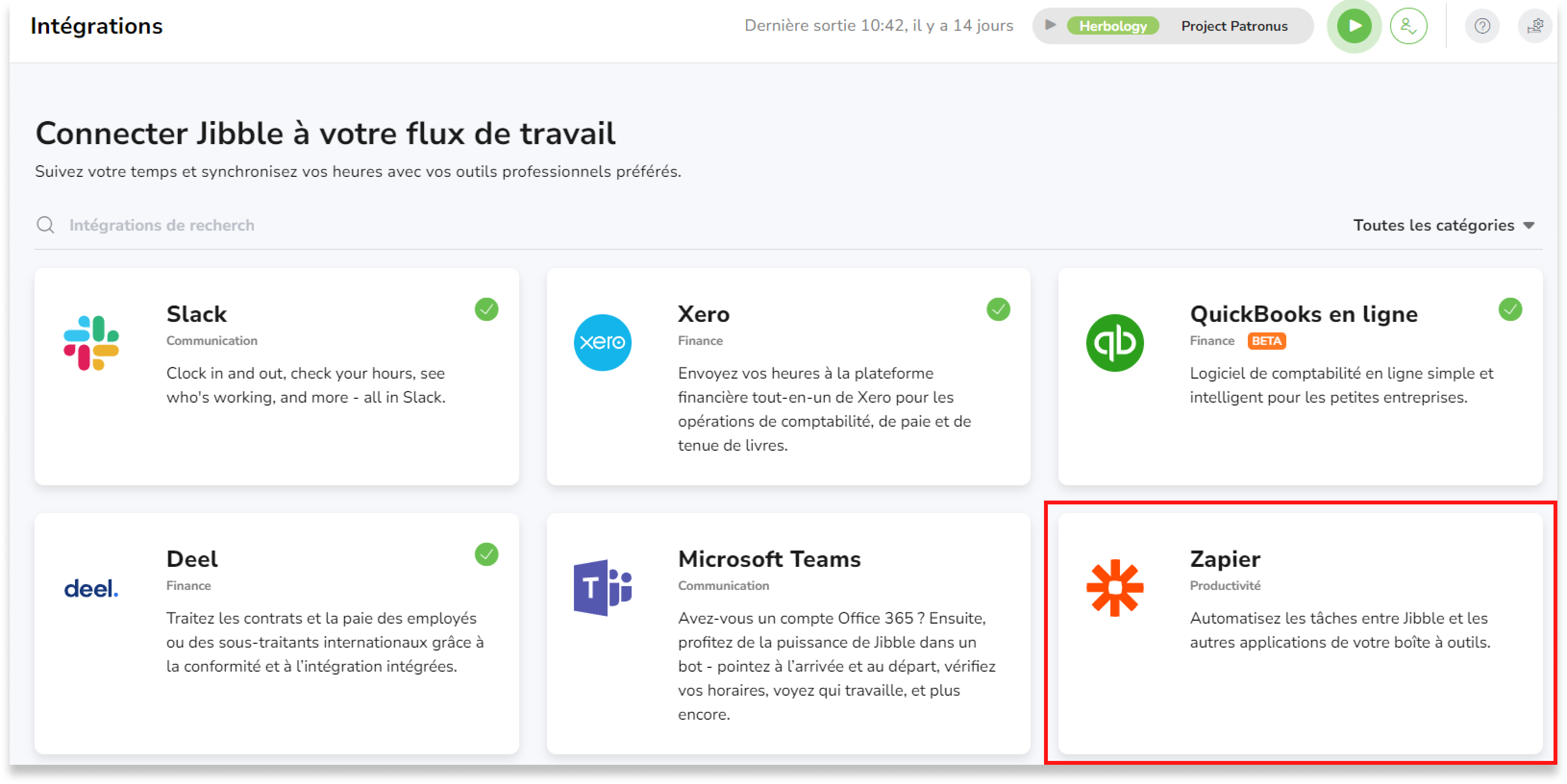 Sélectionnez l'onglet Intégrations et trouvez Zapier dans la liste des intégrations disponibles. 
