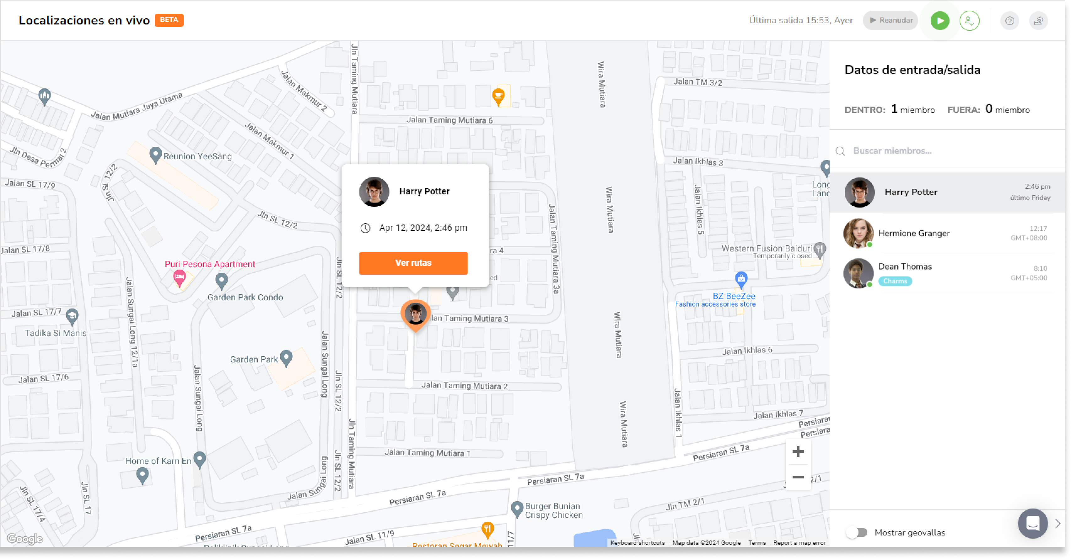 Busca el nombre de un miembro en la barra de búsqueda o haz clic en el miembro de la lista. Aparecerá un pin mostrando la ubicación actual del miembro