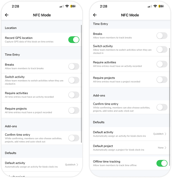 Opcje trybu NFC.