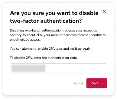 Pop up message to disable 2FA