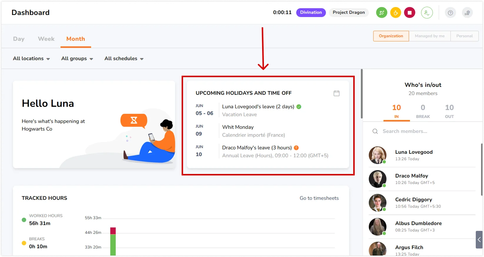 Viewing upcoming holidays on dashboard