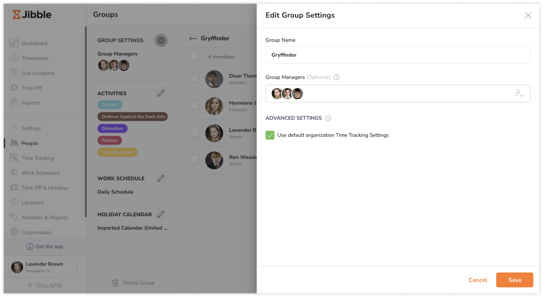 Group level time tracking settings