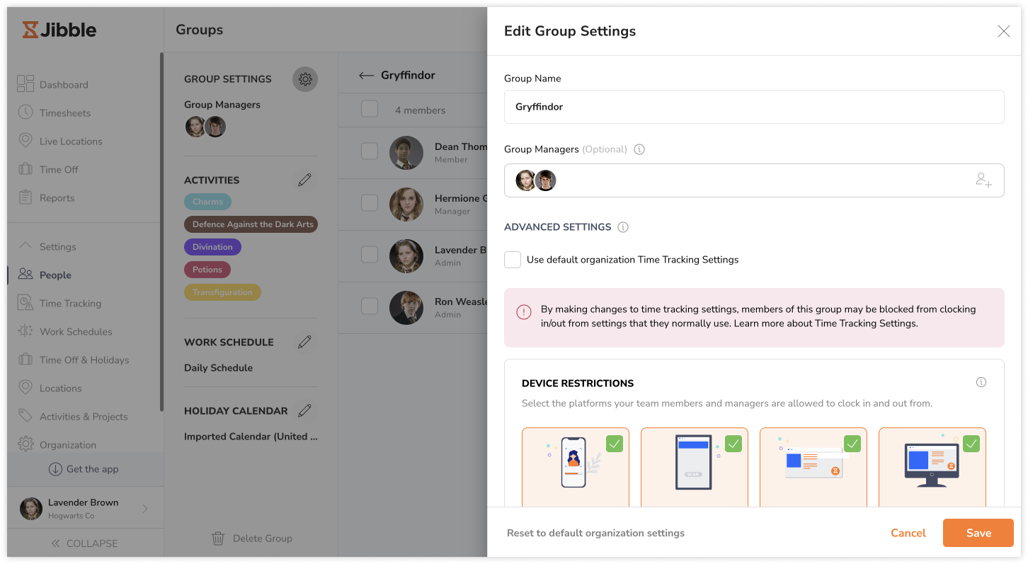 Group time tracking settings