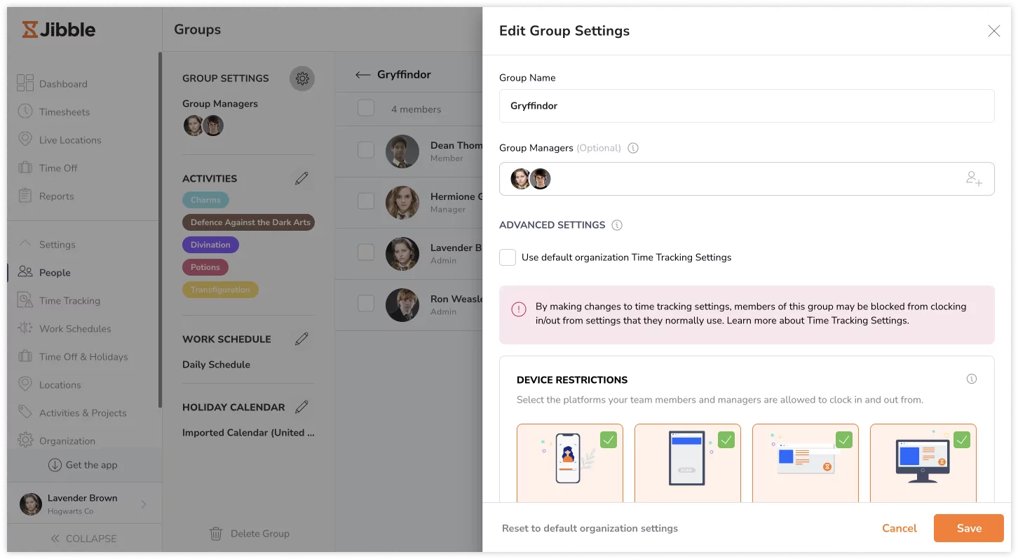Group time tracking settings
