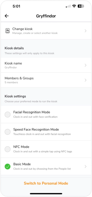 Paramètres du kiosque sur mobile