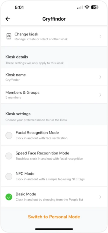 Różne tryby kiosku w ustawieniach kiosku.