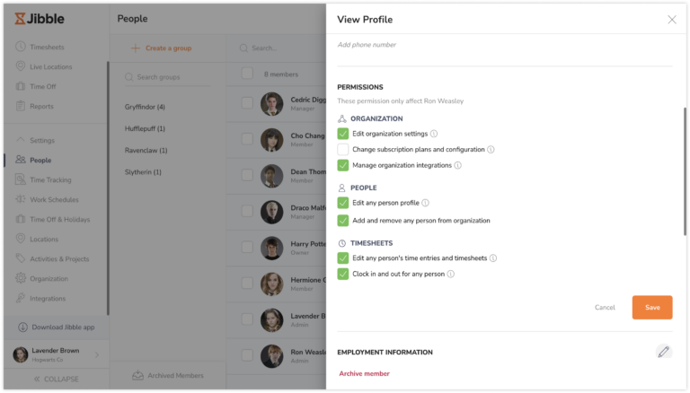 Individual role permissions under person profile page