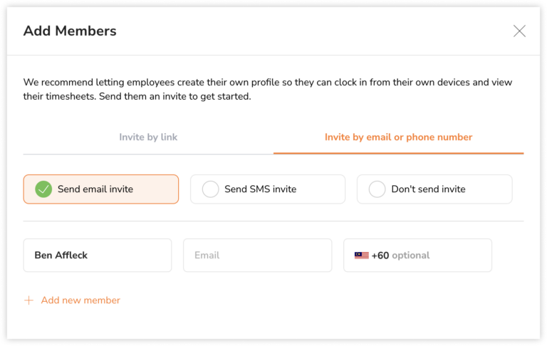 Inviting employees via email or SMS