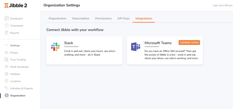 Jibble Dashboard Slack integrations