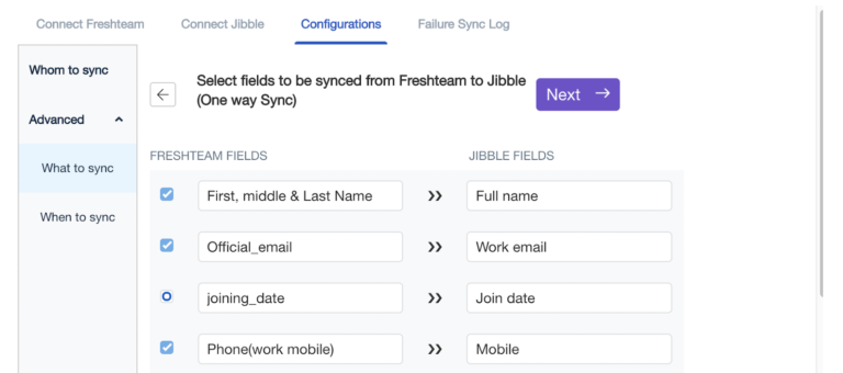 Choose the fields to sync between Freshteam and Jibble